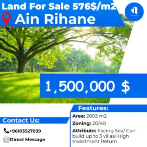 Land for Sale in Ain Rihane 1.5m